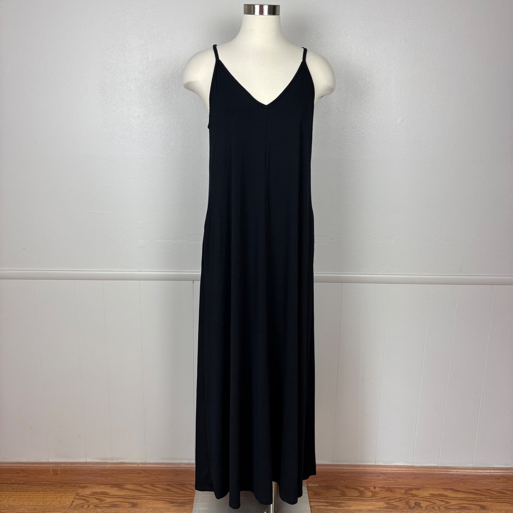 Skivys Goddess Gown Maxi Dress Size L Black Strappy Soft Flowy Shelf Bra Pockets